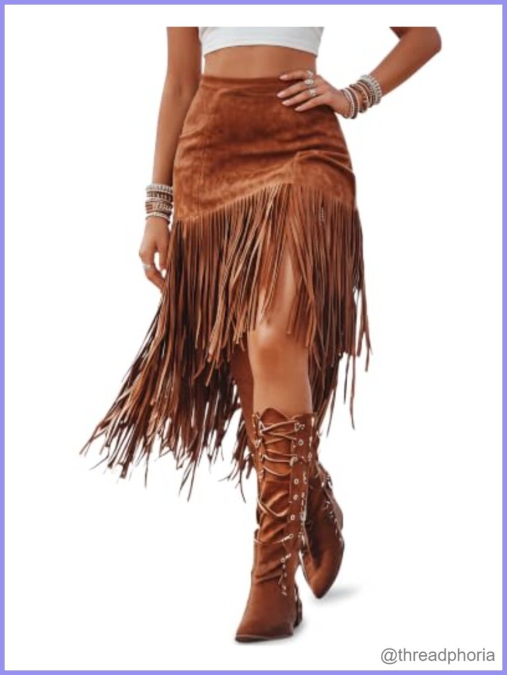 Faux Suede Fringe Midi Skirt Western Cowgirl High Waist A-Line